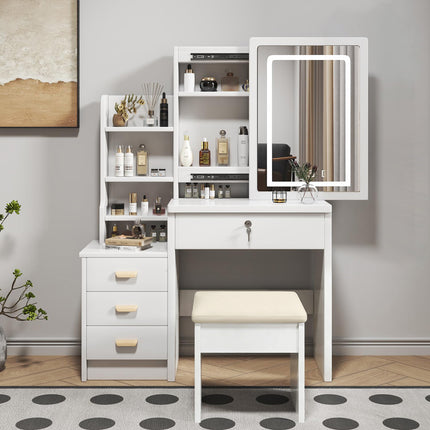 Coiffeuse élégante avec miroir et éclairage, comprenant un tabouret moelleux, un miroir de maquillage éclairé, blanche, 85x36x130cm
