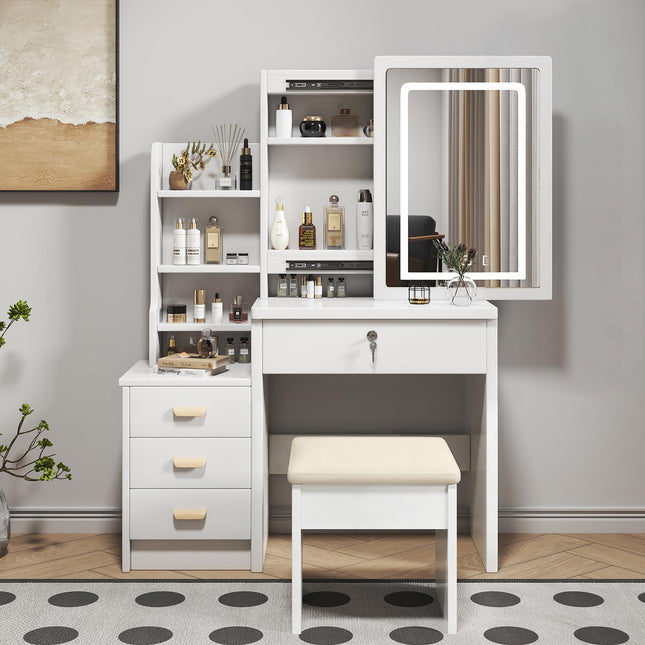 Coiffeuse élégante avec miroir et éclairage, comprenant un tabouret moelleux, un miroir de maquillage éclairé, blanche, 85x36x130cm - SIRHONA