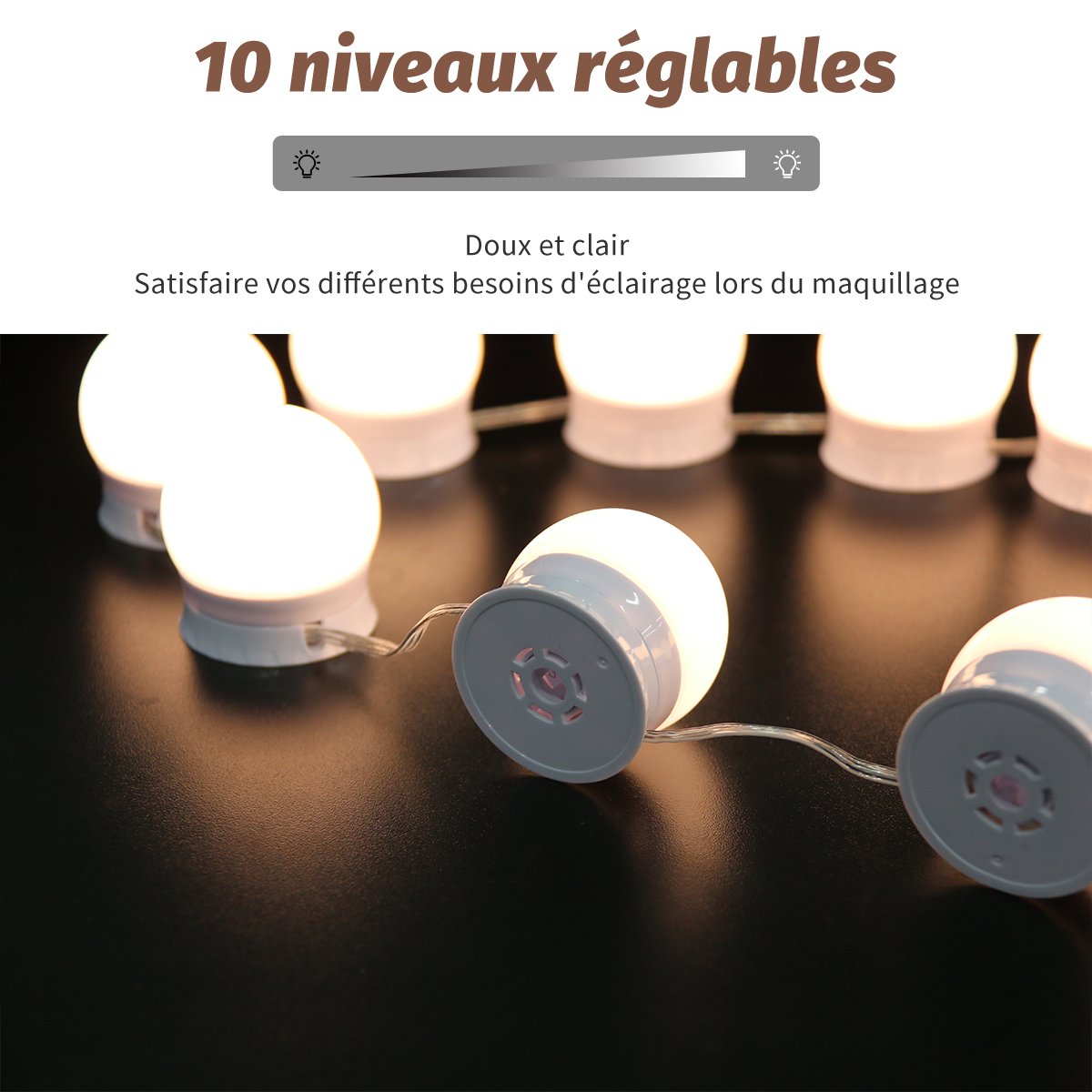 SIRHONA Miroir de courtoisie hollywoodien avec 10 ampoules LED à interrupteur dimmable USB blanc Miroir de courtoisie hollywoodien pour la chambre à coucher - SIRHONA