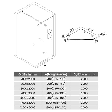 Paroi de douche italienne avec triangulaires étagères en verre de 8 mm taille 70-120cm hauter 200cm - SIRHONA