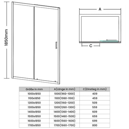 Portes de douche Porte coulissante avec cadre en aluminium, taille 100-170cm hauter 185cm
