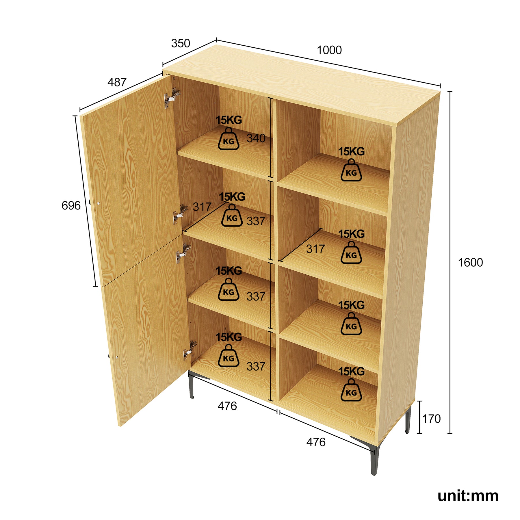 SIRHONA Vitrine de style moderne Semi-ouverte Bibliothèque à 8 compartiments salon Étagère de Rangement Meubles couleur bois 100x35x160 cm - SIRHONA