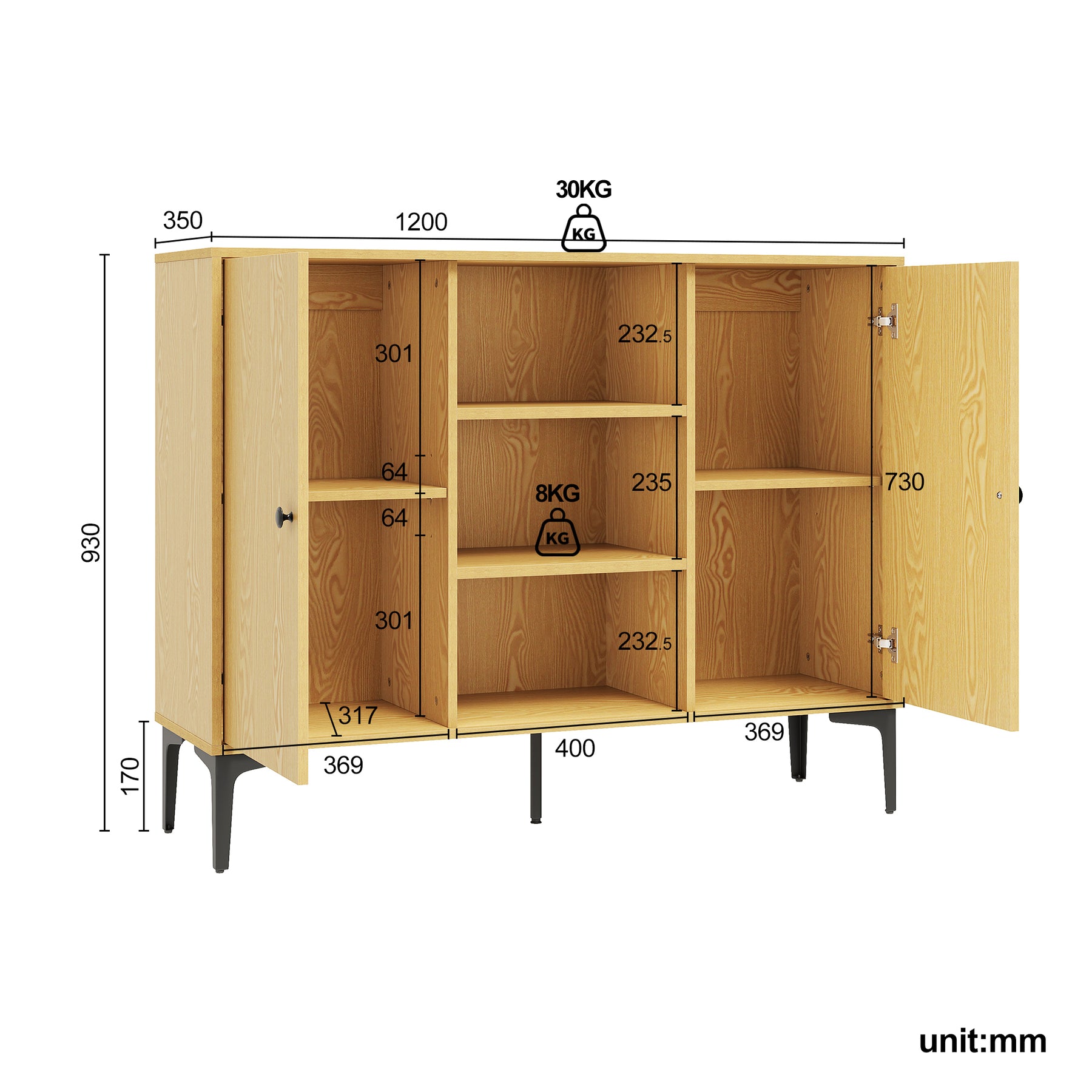 SIRHONA Buffet de salle à manger à 2 portes armoire de rangement Style moderne Meubles couleur bois, 120 x 35 x 93 cm - SIRHONA