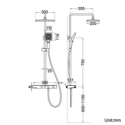 Colonne de Douche Thermostatique 38°C avec Pommeau de Douche, 3 Sorties d'Eau, Réglable en Hauteur, Gris Pistolet - SIRHONA