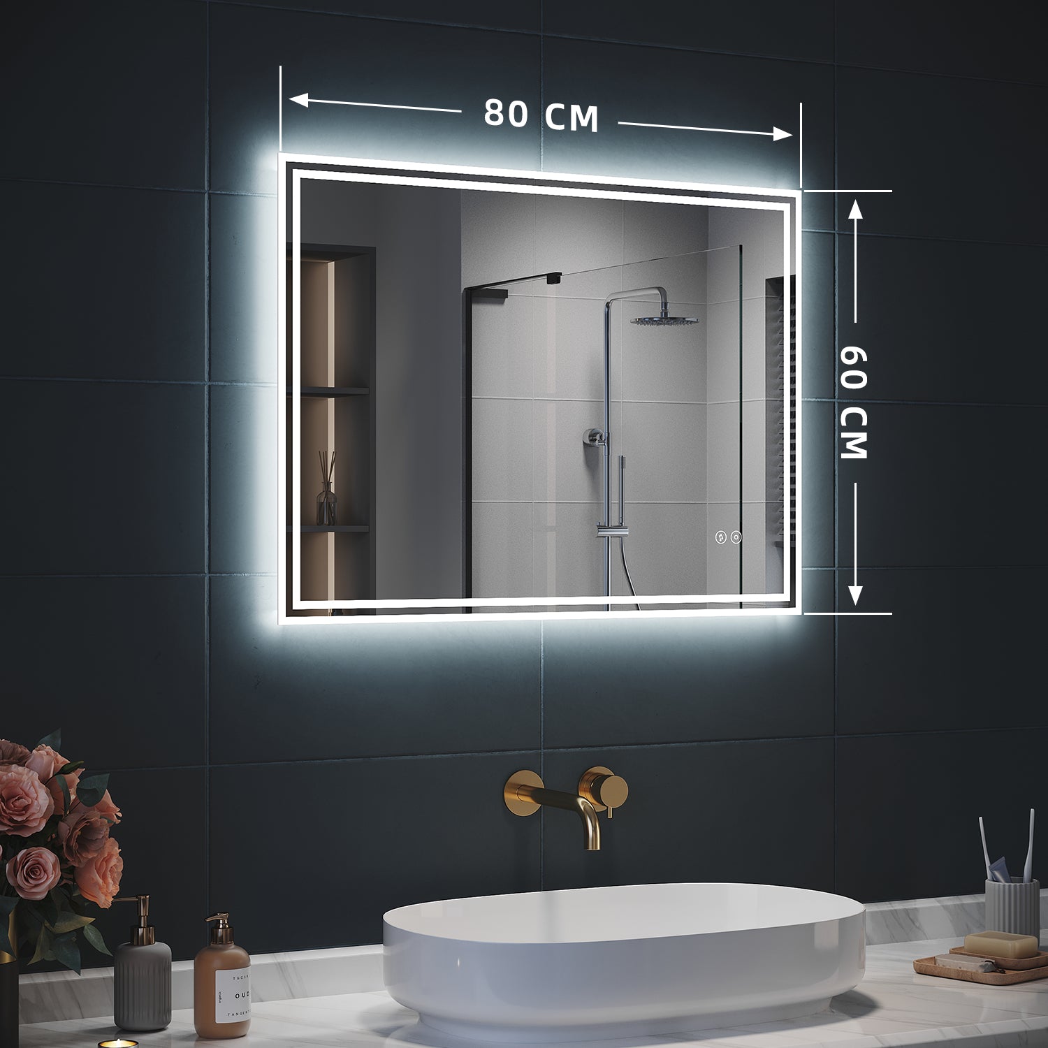 SIRHONA Miroir LED Salle de Bain Bluetooth 80x60cm Miroir Lumineux Salle de Bain avec Eclairage Intégré Anti-buée - SIRHONA