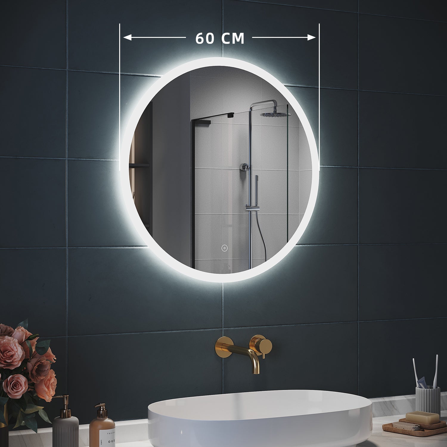 SIRHONA Miroir LED Rond Miroir de Maquillage monté sur Mur avec éclairé et Anti-buée  avec contrôle par capteur 60x60cm - SIRHONA