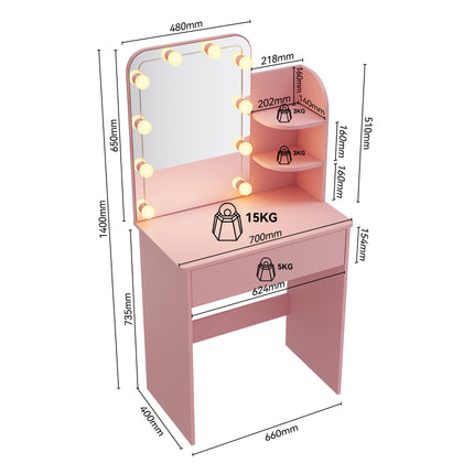 SIRHONA Coiffeuse avec Miroir, Table de maquillage avec 1 tiroir et 3 Compartiments Ouverts, Table de vanité, Style Moderne, poudré + 10 Ampoules LED (3 couleurs) - SIRHONA