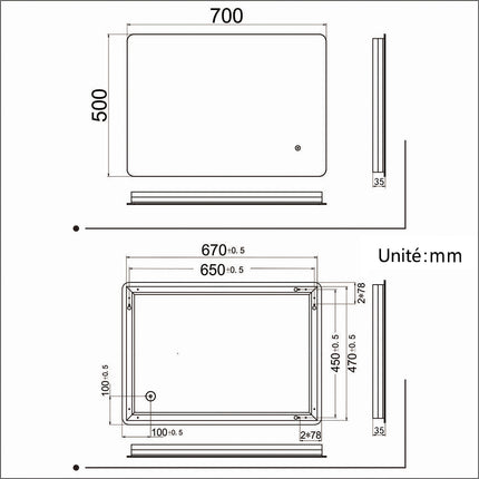 SIRHONA Miroir led Miroir de salle de bains avec éclairage LED Miroir Cosmétiques Mural Lumière Illumination avec Commande par Effleurement 70x50 CM - SIRHONA