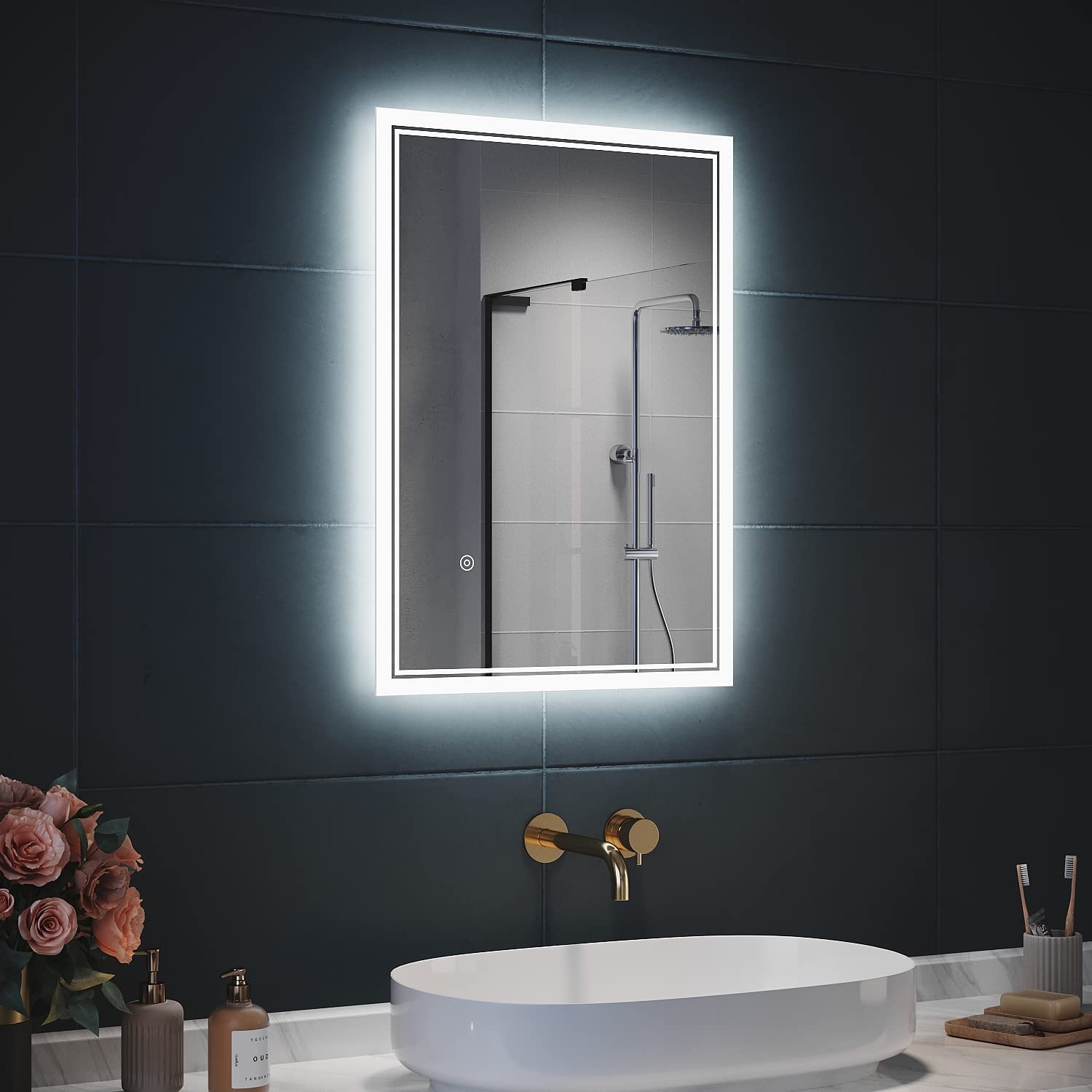 SIRHONA 3X loupe Miroir LED Salle de Bain avec éclairage, Miroir avec Horloge Numérique, Miroir Lumineux Salle de Bain Anti-Buée, 100x60cm - SIRHONA