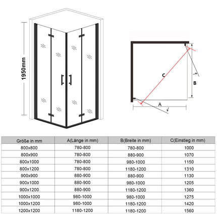 Cabine de douche accès d'angle Porte de douche pivotante noire 195cm de hauteur Avec porte pivotante  Cabine de douche sans cadre - SIRHONA