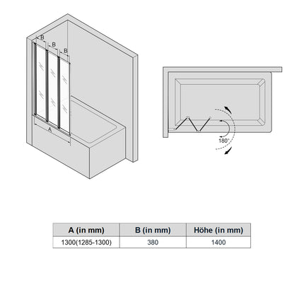 Paroi de douche pour baignoire Rehausse de baignoire en 3 parties pliable 130x140cm - SIRHONA