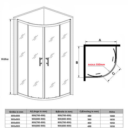 Cabine de douche Paroi de douche ronde Porte coulissante ESG Porte en verre 80/90/100cm Hauteur 185cm /195cm - SIRHONA