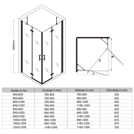 Cabine de douche accès d'angle Verre de sécurité 6mm Cadre en aluminium Hauteur 195cm noir - SIRHONA