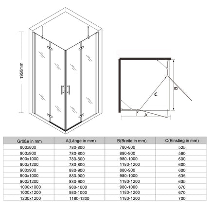 Cabine de douche d'angle Douche Porte à charnières porte pliante 80-120cm hauteur 195cm - SIRHONA