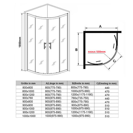 Cabine de douche Paroi de douche ronde Porte coulissante ESG Porte en verre 80/90/100cm Hauteur 185cm /195cm - SIRHONA