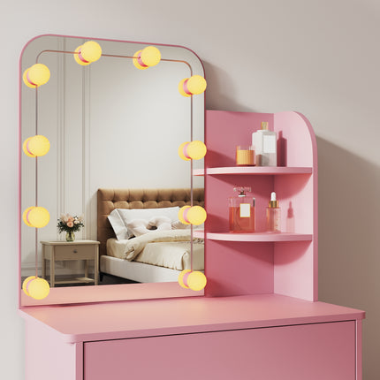 SIRHONA Coiffeuse avec Miroir, Table de maquillage avec 1 tiroir et 3 Compartiments Ouverts, Table de vanité, Style Moderne, poudré + 10 Ampoules LED (3 couleurs) - SIRHONA
