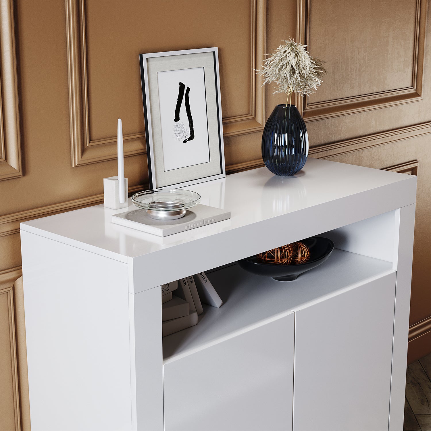 Commode Sideboard avec éclairage LED brillant Meuble de  Armoire de salon, blanc