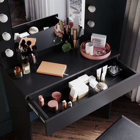 SIRHONA Coiffeuse avec éclairage LED Lumière réglable Grand tiroir Moderne Noir Coiffeuse avec Miroir + Tabouret de Maquillage - SIRHONA