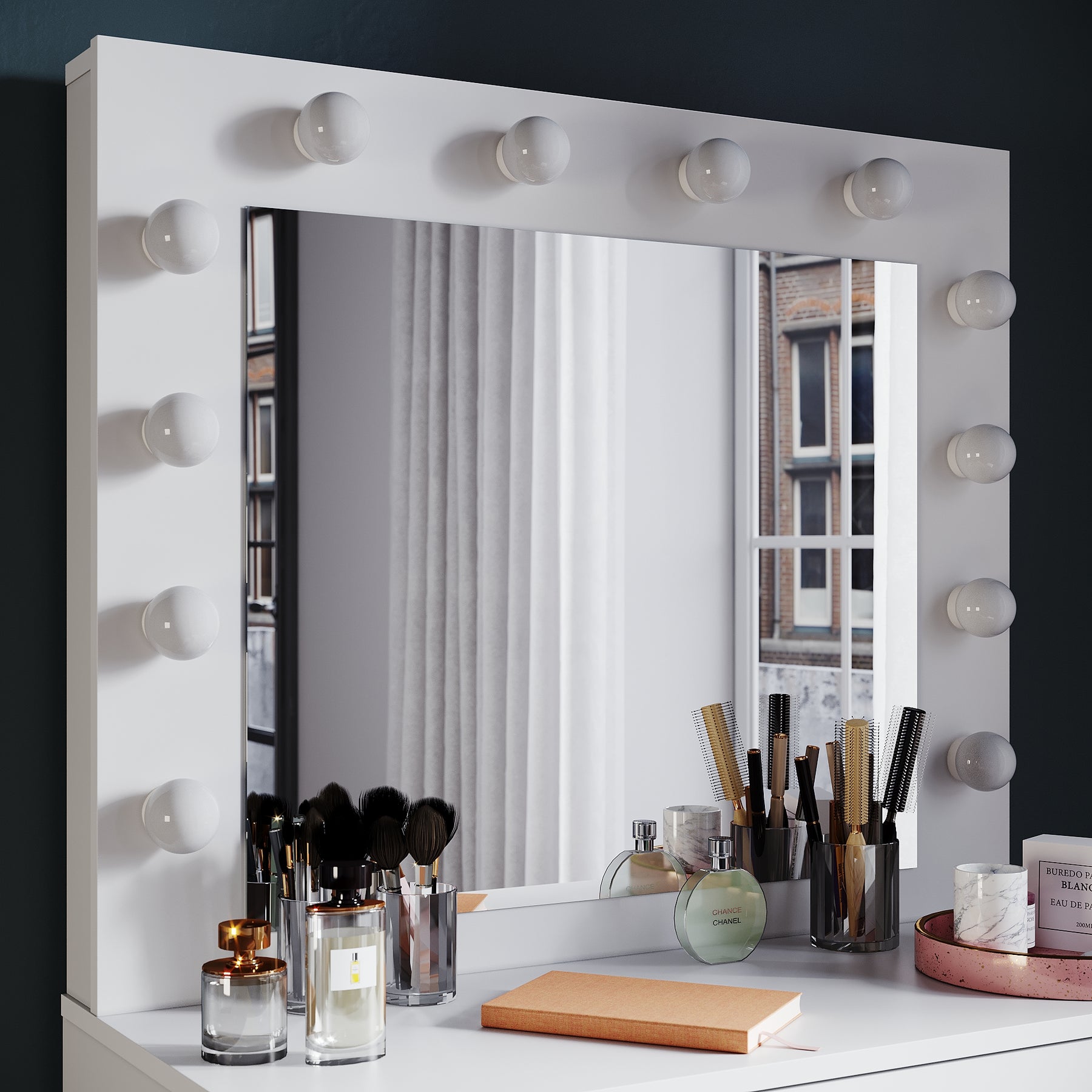 SIRHONA Coiffeuse avec éclairage LED Lumière réglable Grand tiroir Moderne Blanc Coiffeuse avec Miroir + Tabouret de Maquillage - SIRHONA