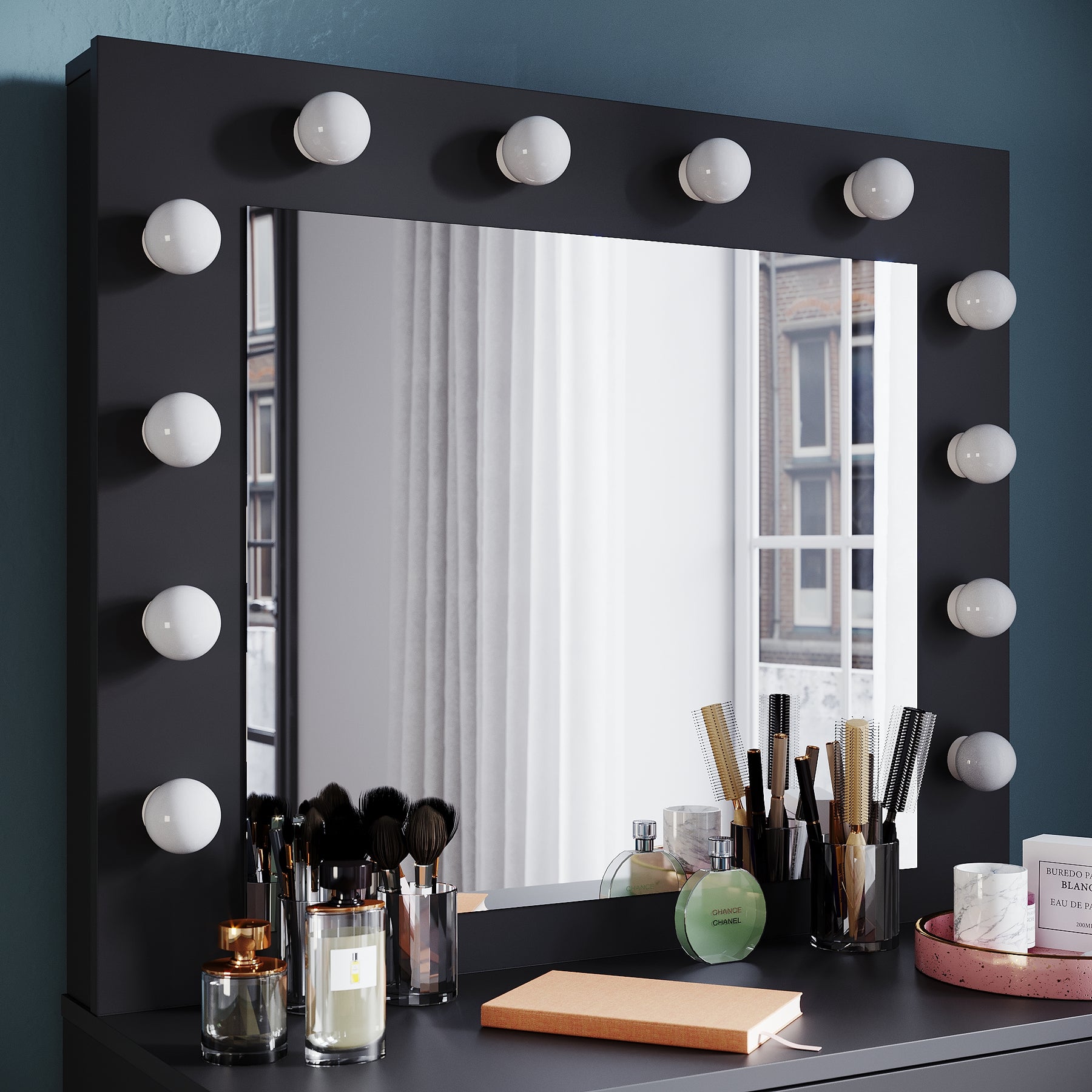 SIRHONA Coiffeuse avec éclairage LED Lumière réglable Grand tiroir Moderne Noir Coiffeuse avec Miroir + Tabouret de Maquillage - SIRHONA