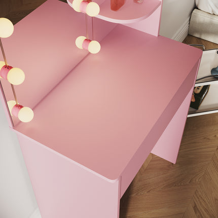 SIRHONA Coiffeuse avec Miroir, Table de maquillage avec 1 tiroir et 3 Compartiments Ouverts, Table de vanité, Style Moderne, poudré + 10 Ampoules LED (3 couleurs) - SIRHONA