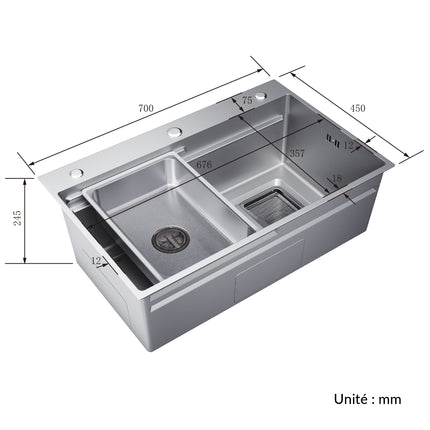 Évier de cuisine en acier inoxydable 304 SUS à 1 cuve, évier encastré à une cuve avec égouttoir, 70 × 45 cm - SIRHONA