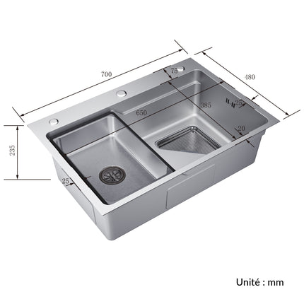 Évier de cuisine en acier inoxydable 304 SUS à 1 cuve, évier encastrable à une cuve avec égouttoir, crépine triangulaire, Argent, 70 × 48 cm - SIRHONA