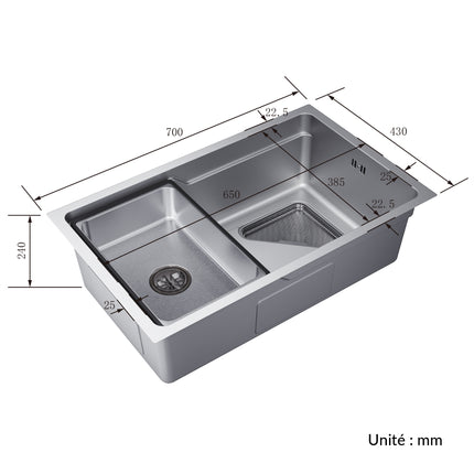 Évier de cuisine en acier inoxydable 304 SUS à 1 cuve, évier encastrable à cuve unique avec panier à déchets triangulaire côté étroit, Argenté, 70×43cm - SIRHONA
