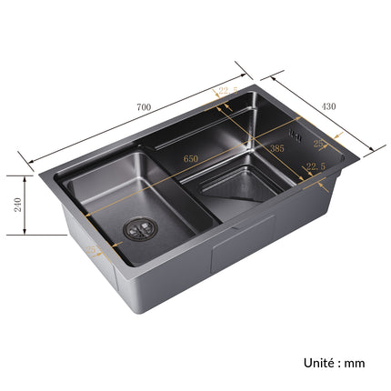 Évier de cuisine en acier inoxydable 304 SUS à 1 cuve, évier encastrable à une cuve avec panier à déchets triangulaire côté étroit, Noir, 70×43cm - SIRHONA