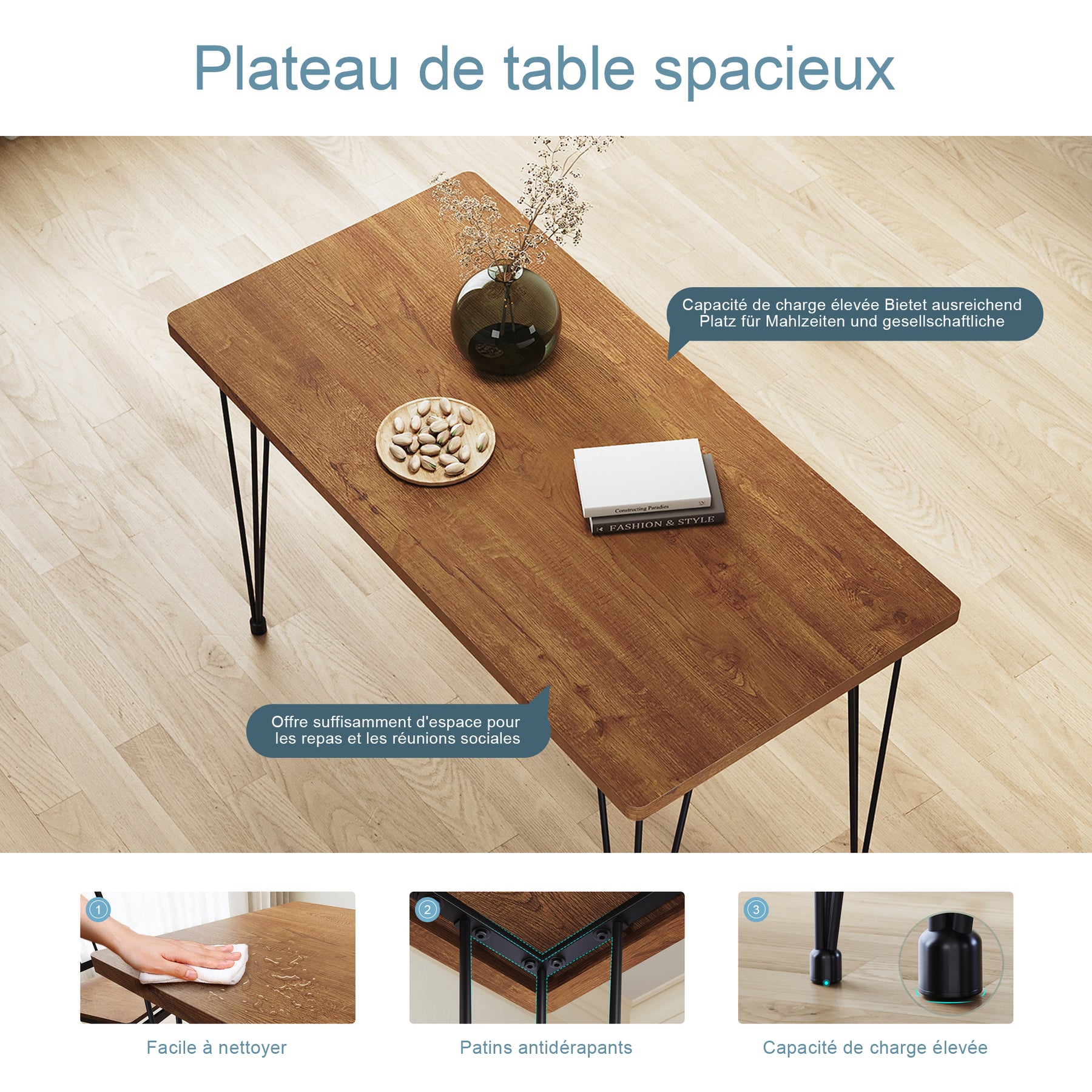 SIRHONA Table de salle à manger en bois massif avec structure en acier table de cuisine pour le salon 120 x 60 x 76 cm - SIRHONA