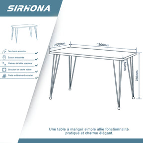 SIRHONA Table de salle à manger en bois massif avec structure en acier table de cuisine pour le salon 120 x 60 x 76 cm - SIRHONA