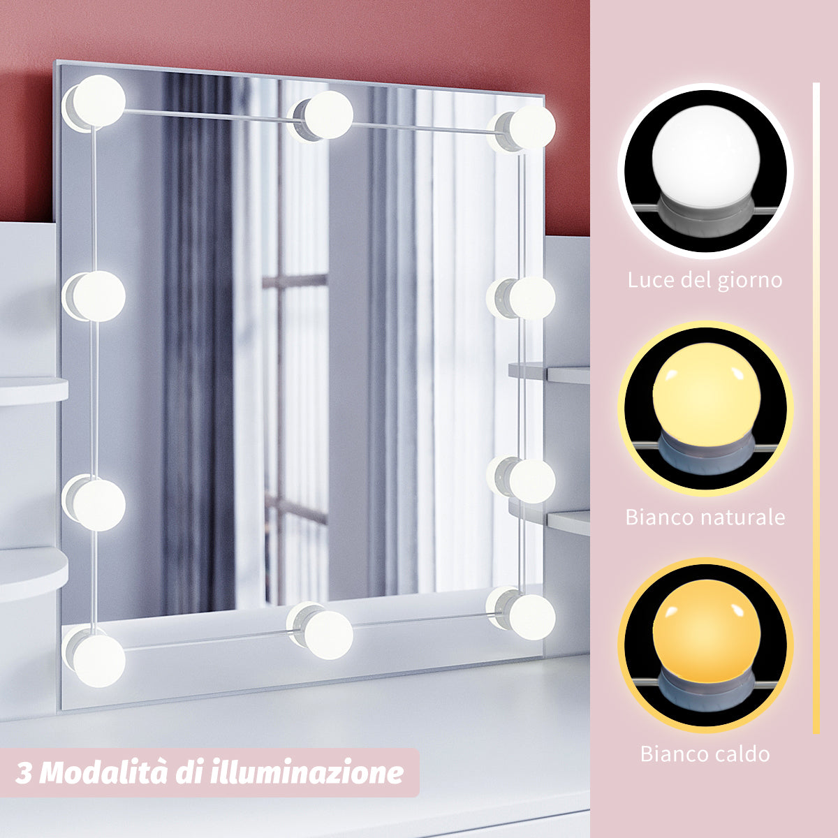 SIRHONA Miroir de courtoisie hollywoodien avec 10 ampoules LED à interrupteur dimmable USB blanc Miroir de courtoisie hollywoodien pour la chambre à coucher - SIRHONA