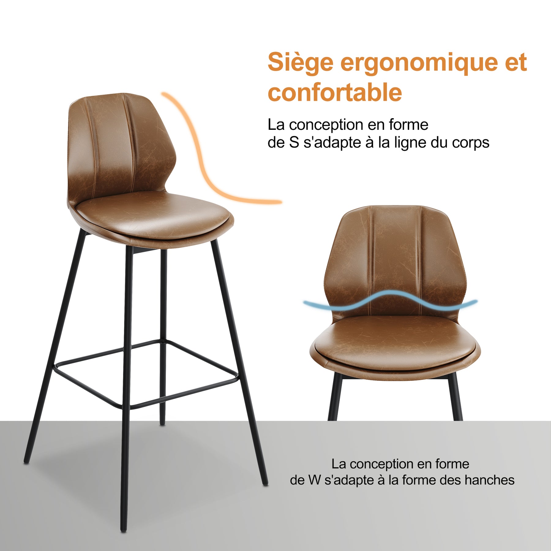 SIRHONA Lot de 2 Tabourets de Bar Chaise avec Dossier et Repose-pieds Style modern Marron siège Noire base - SIRHONA