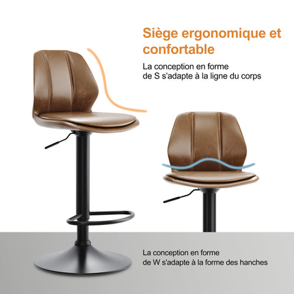 SIRHONA Lot de 2 Tabourets de Bar Chaise avec Dossier et Repose pieds Style modern Marron siège  Noire base - SIRHONA