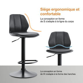 SIRHONA Lot de 2 Tabourets de Bar Chaise avec Dossier et Repose pieds Style modern Gris siège Noire base - SIRHONA