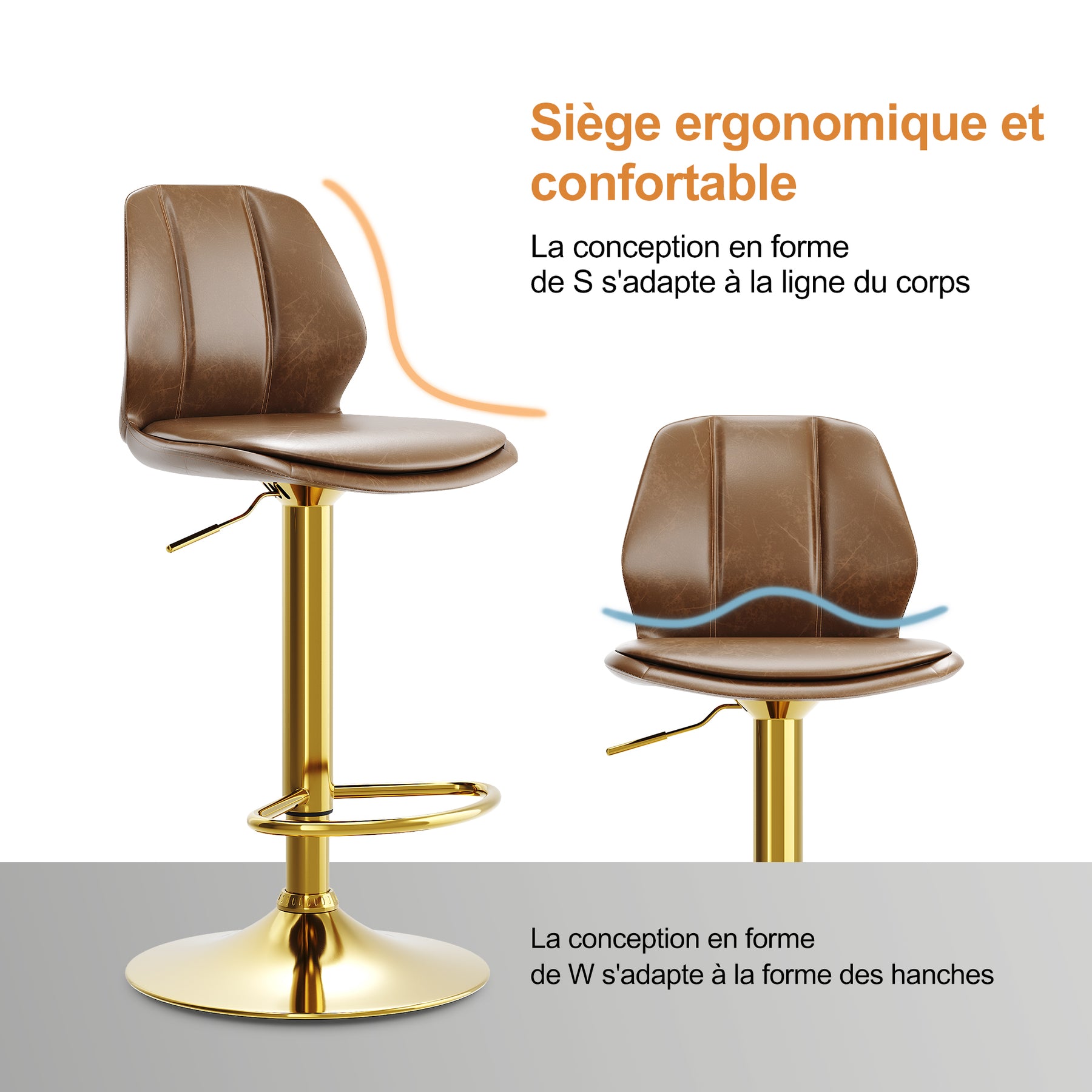 SIRHONA Lot de 2 Tabourets de Bar Chaise avec Dossier et Repose pieds Style modern Marron siège Dorée base - SIRHONA