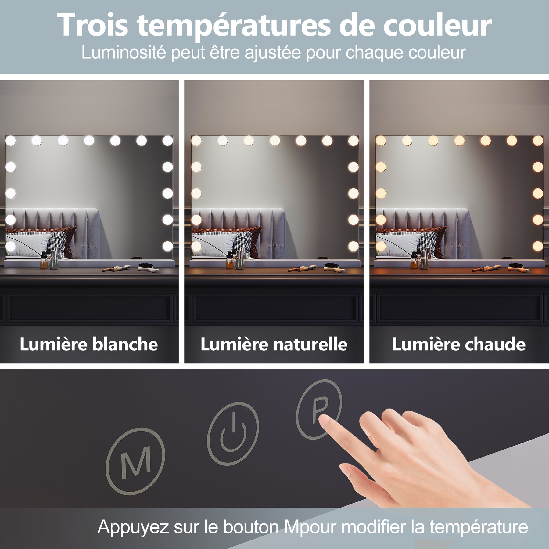 SIRHONA Armoire à Miroir LED Maquillage Lumineux Miroir Maquillage Hollywood avec15 Ampoules 3 Couleurs Lumières Ajustables 58x45.5 cm - SIRHONA