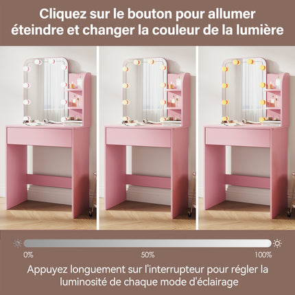 SIRHONA Coiffeuse avec Miroir, Table de maquillage avec 1 tiroir et 3 Compartiments Ouverts, Table de vanité, Style Moderne, poudré + 10 Ampoules LED (3 couleurs) - SIRHONA