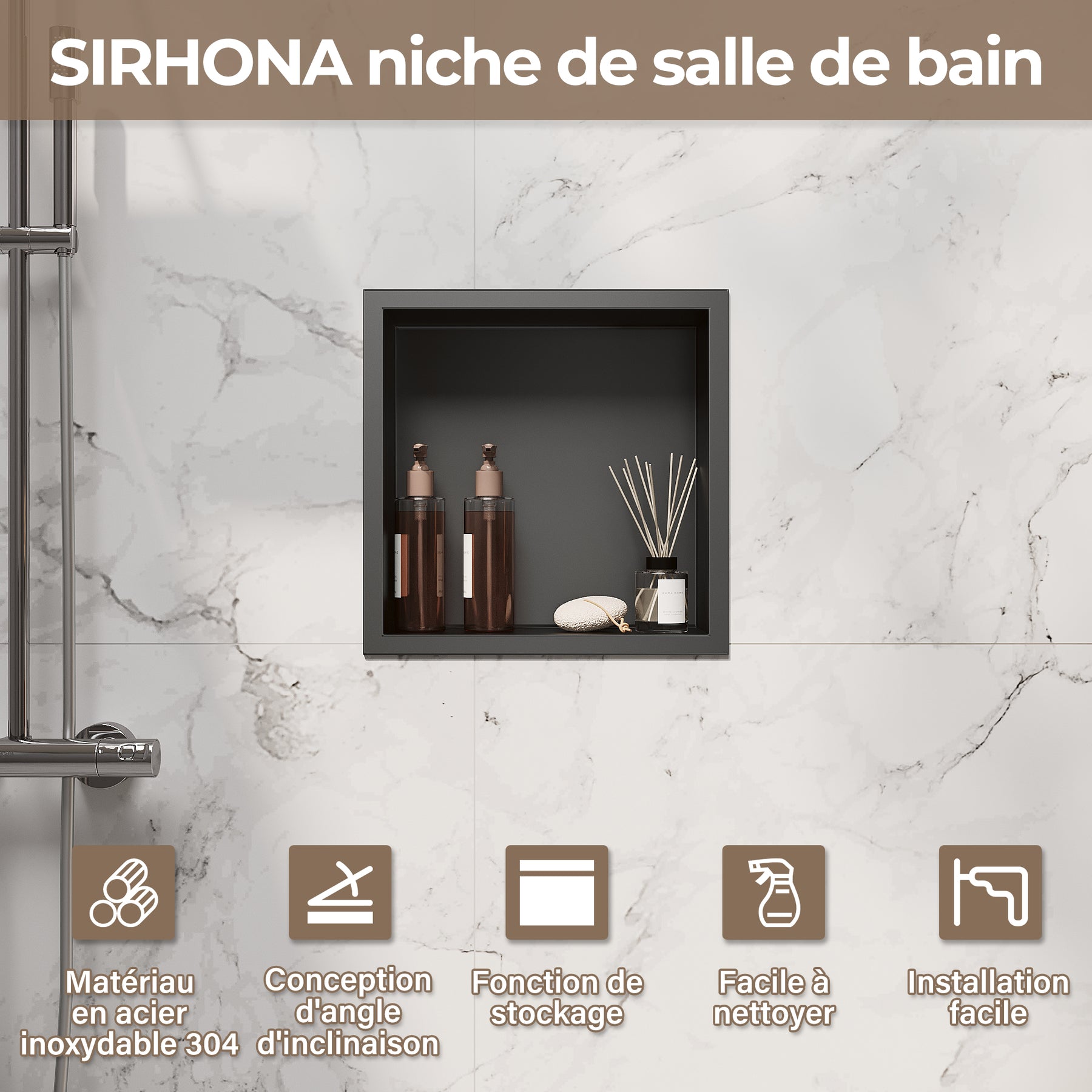 Niche murale de douche en acier inoxydable, niche de douche encastrée, étagère individuelle de stockage pour salle de bain, étanche, pas de carrelage nécessaire, 30 x 30 x 10 cm - SIRHONA