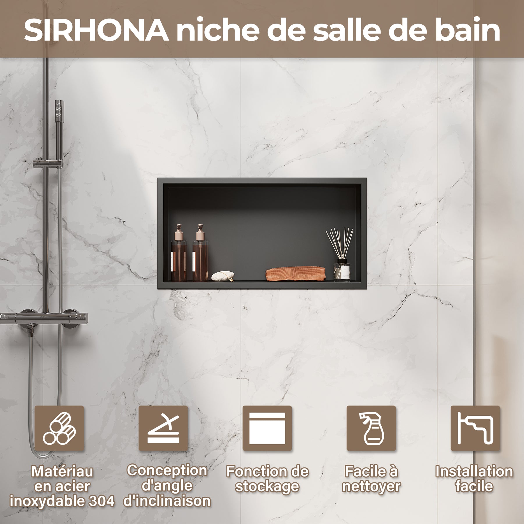 Niche murale de douche en acier inoxydable, niche de douche encastrée, étagère individuelle de stockage pour salle de bains, pas de carrelage nécessaire, 60 x 30 x 10 cm, noir - SIRHONA