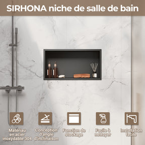 Niche murale de douche en acier inoxydable, niche de douche encastrée, étagère individuelle de stockage pour salle de bains, pas de carrelage nécessaire, 60 x 30 x 10 cm, noir - SIRHONA