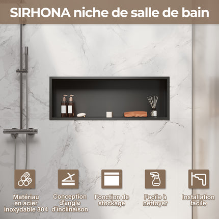 Niche murale de douche en acier inoxydable, niche de douche encastrée, étagère unique de stockage pour salle de bains, pas de carrelage nécessaire, 90 x 30 x 10 cm, noir - SIRHONA