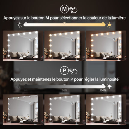 SIRHONA Miroir Maquillage 80x60cm avec 14 ampoules LED Miroir Hollywood 3 couleurs luminosité - SIRHONA