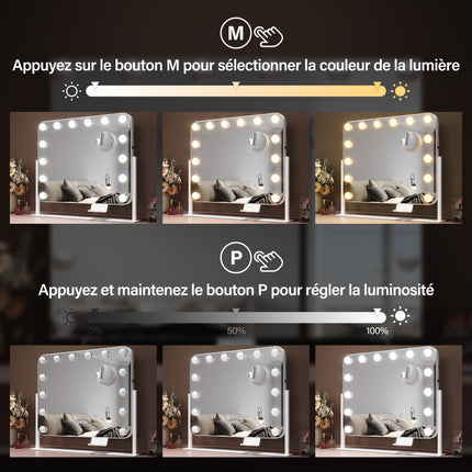 SIRHONA Miroir rotatif à 360° 50x40cm avec 14 ampoules LED Miroir Hollywood 3 couleurs luminosité réglable - SIRHONA