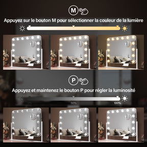 SIRHONA Miroir rotatif à 360° 50x40cm avec 14 ampoules LED Miroir Hollywood 3 couleurs luminosité réglable