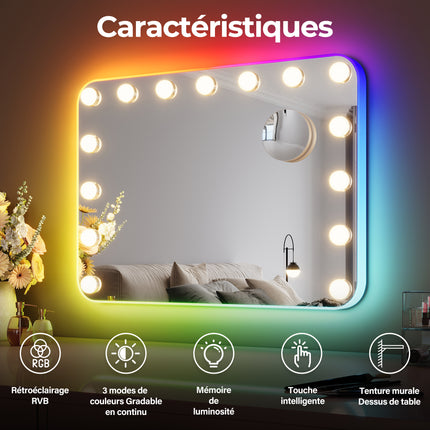 SIRHONA Miroir Mural Miroir Maquillage 58x43cm avec lumière RGB et ampoule LED Miroir Hollywood 3 couleurs - SIRHONA