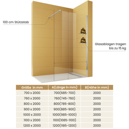Paroi de douche italienne Walk In avec étagères en verre de 8 mm - SIRHONA