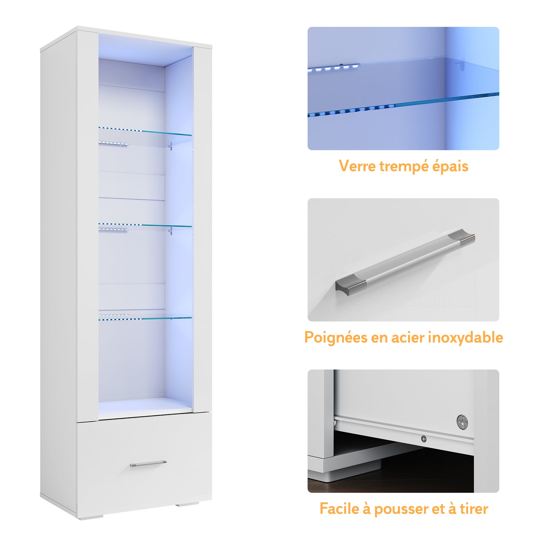 SIRHONA Vitrine en verre avec éclairage LED façade brillante avec 4 étagères et 1 tiroir Vitrine sur pied vitrine de salon 550 x 350 x 1720 mm - SIRHONA