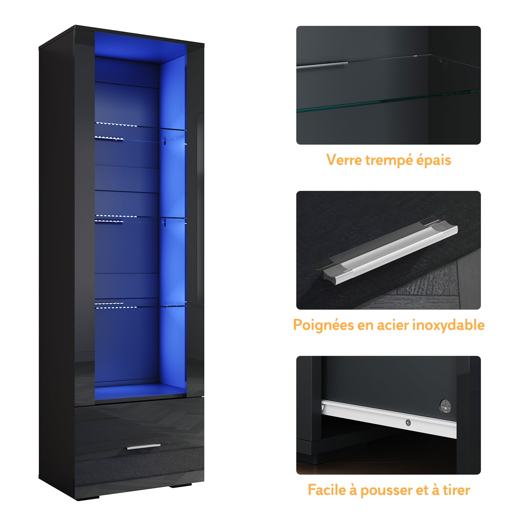 SIRHONA Avec éclairage LED Armoire d'exposition en verre avec tiroirs Façade noire brillante Armoire d'exposition pour collectionneurs 550 x 350 x 1720 mm - SIRHONA