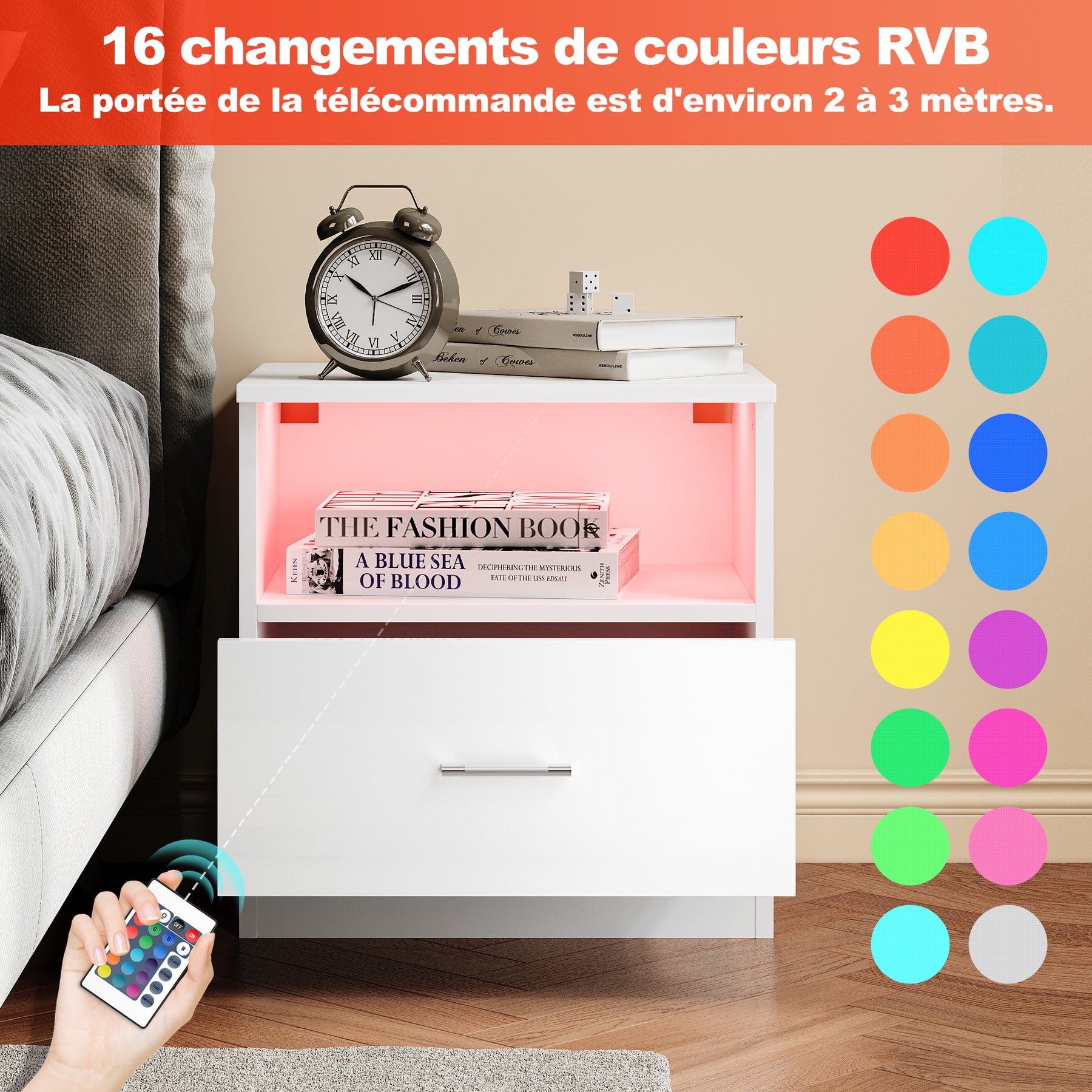 SIRHONA Table de chevet avec éclairage LED couleurs ajustables table de canapé avec tiroirs et compartiment ouvert table de chevet pour chambre à coucher Blanc 45 x 35 x 46.5 cm - SIRHONA